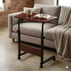 Portable Laptop Table with Wheels Adjustable Height | Study Table for Bed Sofa | Wooden Top Side Desk